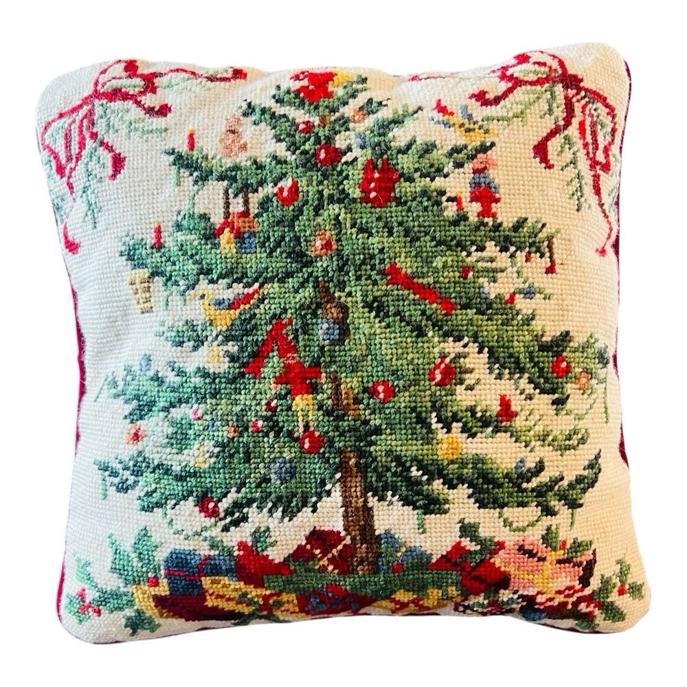 Vintage Wool Needlepoint Christmas Tree Pillow 14โ Red Velvet Back Holiday Decor